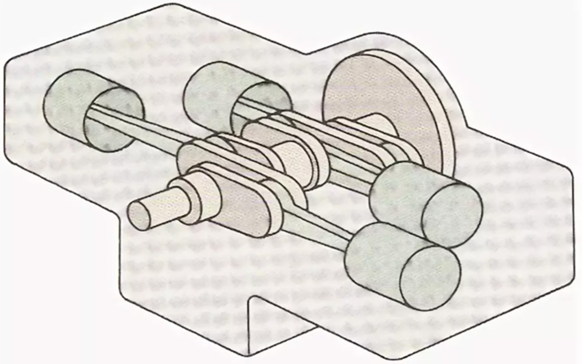 Примитивная, но очень наглядная схема внутренней организации оппозитного 4-цилиндрового мотора. Два поршня в данный момент находятся на сближении, два &mdash; на удалении. При этом поршни обеих пар зеркальны по отношению друг к другу относительно коленвала.